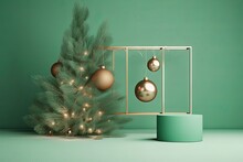 Illustration For 3d Podium Christmas Display Pastel Green Background Gold Christmas Ornament On Tree Branch With Lights Minimal Showcase Stand For Product Presentation Or Text Winter Abstract 