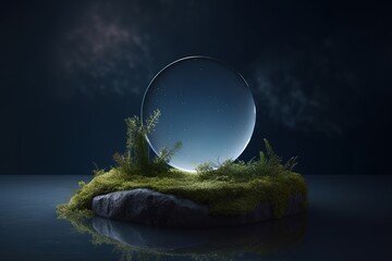 illustration for 3d background podium stone display on dark blue water rock with moss cosmetic beauty product promotion pedestal with sky and moon nature night landscape showcase abstract minimal 