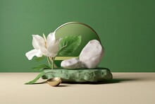 Illustration For 3d Display Podium Green Background And Stone White Flower With Leaf And Rock Frame Nature Blossom Minimal Pedestal For Beauty Cosmetic Product Presentation Feminine Organic 
