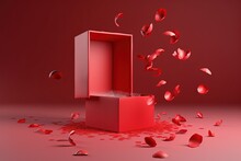 Illustration For 3d Podium Display Background Red Surprise Open Gift Box Rose Flower Falling Petals Luxury Cosmetic Product Presentation Abstract Love Valentines Day Or Woman S Day Birthday Mockup