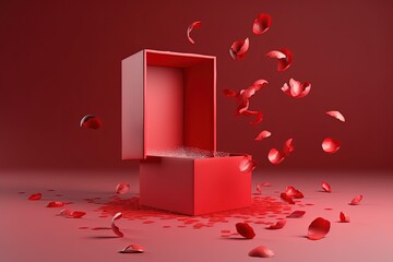 illustration for 3d podium display background red surprise open gift box rose flower falling petals 