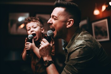 Father and son singing in karaoke at home. Generative AI