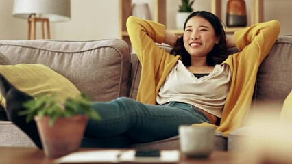 Wall Mural - Happy woman, relax and hands behind head on sofa, living room and lounge for happiness, easy lifestyle and home. Portrait of young asian female smile on couch for in peace, weekend break or self care