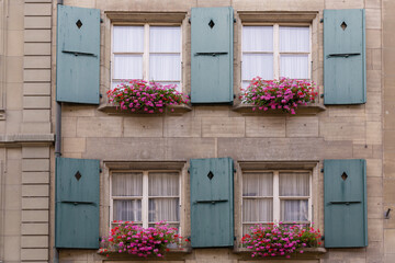 Wall Mural - Interesting flower window box displays in Bern Switzerland