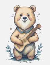 Cute Teddy Bear With A Guitar In Watercolor Art. Generative AI.