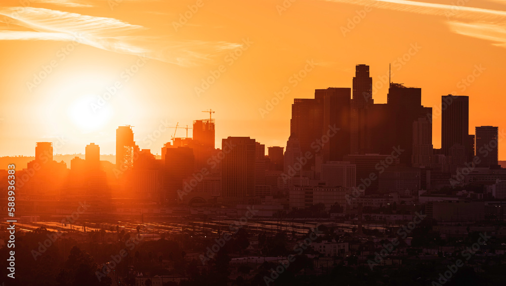 Downtown Los Angeles Skyline Silhouette at Golden Hour Stock Photo ...