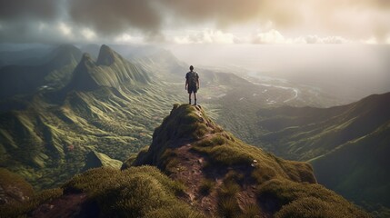 Hiker standing on top of mountain peak looking at view created with Generative AI