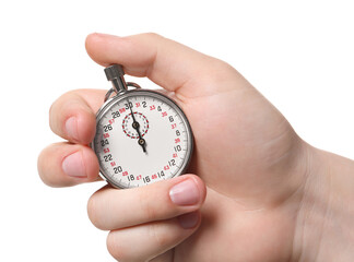 Wall Mural - Man holding vintage timer on white background, closeup