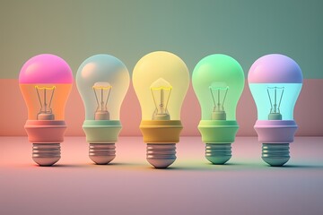 Wall Mural - Five light bulbs colored with pastel colors, idea and creativity concept, Generative AI