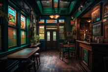 Irish Pub Interior Design, Green. Generative AI
