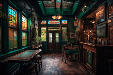 Wall Mural - Irish pub interior design, green. Generative AI