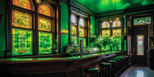 Irish Pub Interior Design, Green, Stained Glass Windows. Generative AI