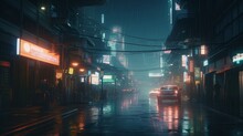 Cinematic Cyberpunk: A Hyper-detailed Futuristic Metropolis With Neon Lights, HUID Interfaces, And AI Algorithms, Powered By Insane Details At Night, Generative AI