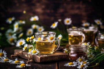 Canvas Print - cozy cup of chamomile tea with honey on a rustic wooden table. Generative AI