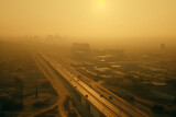 Fototapeta Miasto - Photorealistic ai artwork of a city in thick smog and pollution at sunset. Generative ai.