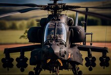 Close-up Of A British Army AH-64E Boeing Apache Attack Helicopter (ZM722 ArmyAir606) In Flight On A Military Exercise, Wilts UK. Generative AI