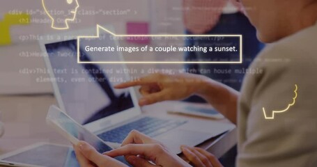 Poster - Animation of ai text, icons and woman using laptop