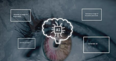 Aufkleber - Animation of ai text, icons and woman's eye