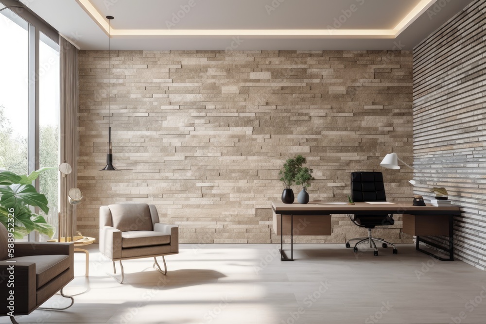 Photo realistic generic empty interior design with a light brown stone ...