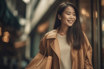 Happy luxury asian woman travel shopping in urban city, vibrant, fashion, contemporary, lifestyle, generative AI