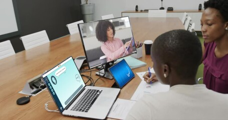 Poster - Diverse businesswomen in office using computer with video call and ai messaging on screens