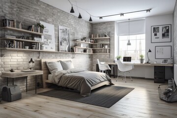 Poster - Interior of a bedroom with a wooden floor and walls made of white and gray brick. A home office area with a computer desk and bookcases is located next to the double white and gray bed. model posters