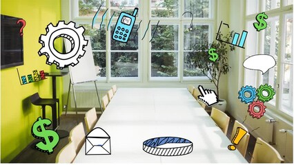 Poster - Animation of business icons over meeting room in office