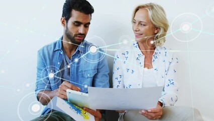 Poster - Animation of network of connections over diverse business people holding documents and using tablet