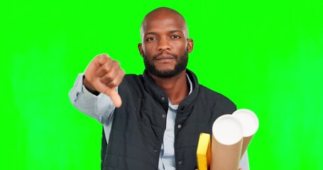 Aufkleber - Black man, architect and thumbs down on green screen for bad construction or fail against studio background. Portrait of negative African American male contractor showing thumb emoji or no on mockup