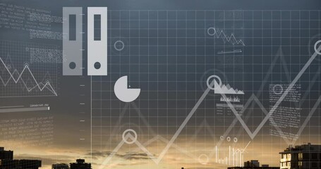 Poster - Animation of screens with statistical data processing against aerial view of cityscape and grey sky