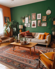 Wall Mural - minimalist living rooms that look rustic and cozy, in the style of cottagecore, green and bronze, tapestry - like, colorized, orange and green, multilayered, ai regenerative