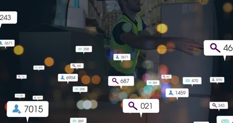 Sticker - Animation of social media icons against caucasian delivery man stacking boxes in his delivery van