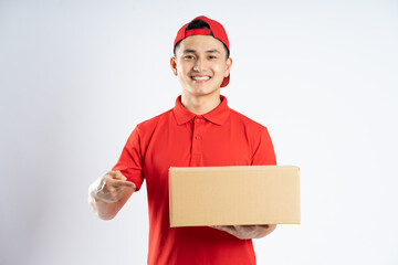 Wall Mural - portrait of asian delivery man on white background