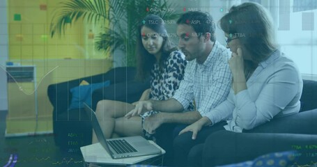 Poster - Animation of stock market data processing over diverse colleagues discussing over a laptop at office