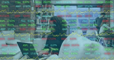 Poster - Animation of stock market data processing over biracial woman using laptop at office
