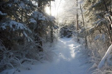 Wall Mural - snowy forest with a winding path and tall trees. Generative AI