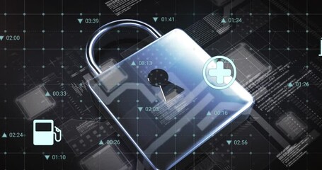Animation of digital icons and data processing over security padlock icon against grey background