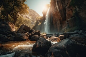 Wall Mural - Great view on waterfall with colorful sky during sunset. Wonderful Nature landscape. Travel is a Lifestyle, concept. Iceland popular place of travel and touristic location. Generative Ai.