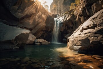 Wall Mural - Great view on waterfall with colorful sky during sunset. Wonderful Nature landscape. Travel is a Lifestyle, concept. Iceland popular place of travel and touristic location. Generative Ai.