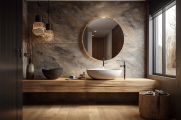 Wall Mural - Interior scene and mockup of a modern bathroom with stone walls and a sink perched on a wooden countertop. Generative AI