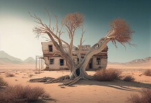 Abandoned Farm House And Dead Tree Amidst Arid Landscape. Climate Change Concept, Generative AI Illustration