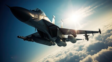 Canvas Print - Military fighter aircraft at high speed, flying high in the sky. Generative Ai