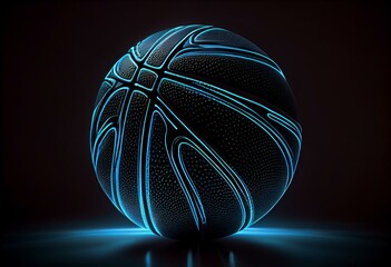 3D rendering of single black basketball with bright blue glowing neon lines sitting in completely black surroundings. Generative AI
