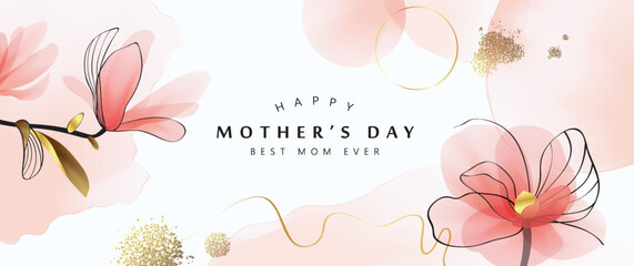 Happy Mother's Day Calligraphy abstract art background vector. Luxury minimal style wallpaper with golden line art flower and botanical leaves, watercolor. Vector background for banner, poster.