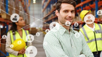 Poster - animation of network of connections with people icons over diverse people working in warehouse