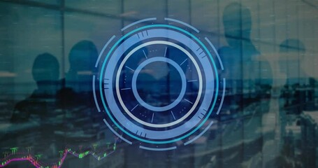 Poster - Animation of financial data processing and scope scanning over cityscape