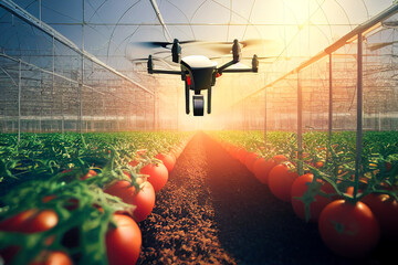 Poster - Futuristic tomato greenhouse with working robots. Generative AI, Generative, AI
