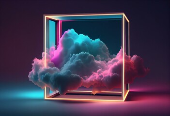 3d render, abstract minimal background, pink blue neon light square frame with copy space, illuminated stormy clouds, glowing geometric shape. Generative AI