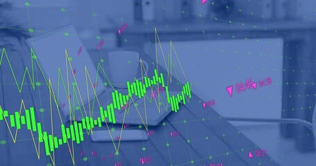 Poster - Animation of statistical data processing against smartphone, laptop and coffee cup on office desk