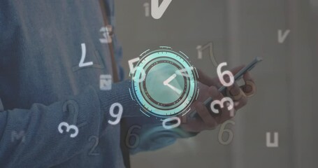 Poster - Animation of ticking clock over changing numbers against mid section of man using smartphone